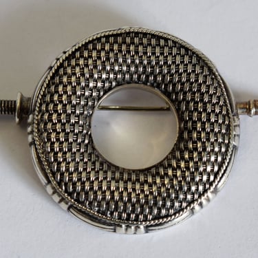 Unusual 50's sterling circle & sword kilt pin, heavy woven 925 silver Celtic dirk and shield shawl brooch 