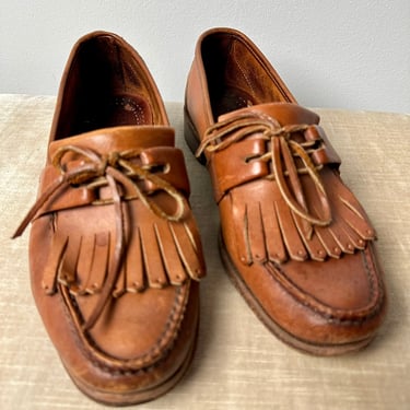 Vintage leather loafers~ fringed 1990 Cole Haan honey brown semi distressed slip-ons/ men’s size 8.5 D/ women’s 10~ unisex androgynous 