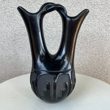 Santa Clara Pueblo blackware pottery carved Wedding Vase signed by Florence Browning Size 10” x 5.5” x 5” 