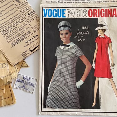 60's Vintage Vogue Paris Original 1858, Size 12, Jacques Heim, Cut Complete Pattern INCLUDES DRESS LABEL, A-Line Dress With Peter Pan Collar 