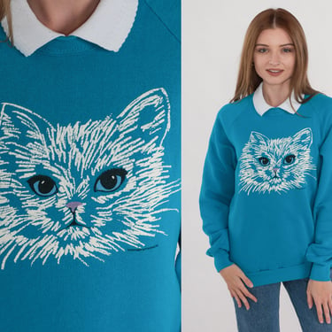 Collared Cat Sweatshirt 90s Blue Kitten Sweater Kitty Graphic Shirt Cute Animal Kawaii Grandma Raglan Sleeve Vintage 1990s Jerzees Medium M 