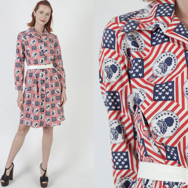 60s All Over Print Americana Shift Dress, Vintage George Washington Patriotic Print Material, American Flag Stars And Stripes Frock 
