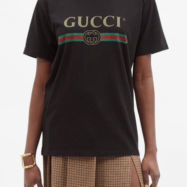 Gucci Women Black Jersey Distressed Printed Cotton-Jersey T-Shirt Tee Shirt