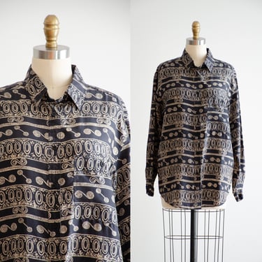 oversized silk shirt 80s 90s vintage black beige pattern long sleeve blouse 