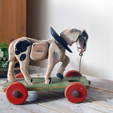 Antique wooden horse pull toy / vintage wood pull toy / primitive folk art toy / vintage painted wood push toy / rustic toy 
