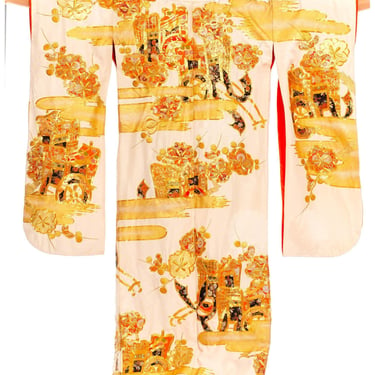 1970S Cream, Gold  Orange Hand Embroidered Silk Japanese Kimono 