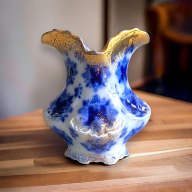 Antique William H Grindley Syrian Flow Blue Toothbrush Holder Vanity Vase Gold 