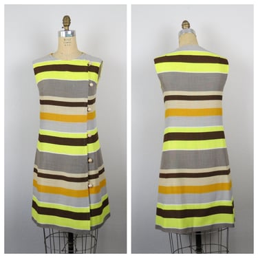 Vintage 1960s mod dress, linen shift, sheath, striped, color block, pockets, size small 