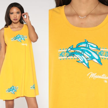 Dolphin Tank Dress 90s Mazatlan Beach Tshirt Dress Mexico Tropical Mini Dress Coverup 1990s Vintage Shift Sleeveless Yellow Medium Large 
