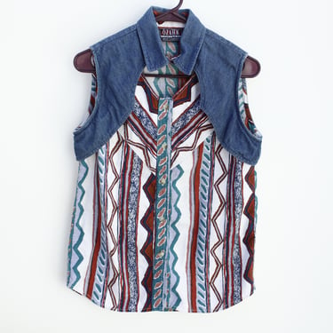 Vintage 90's Western Cotton Sleeveless Blouse - Denim Tone Yoke / Vest Accent - Keyhole Neck Detail - Southwest Painterly Stripe Pattern 