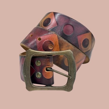 Vintage Leather Belt Retro 1970s Hand Crafted by Alan Flesher Studios + Geometric Shapes + Fits 33