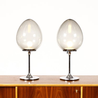 Mid Century Vintage Stemlite Table Lamps — Bill Curry for Design Line — Chrome + Smoked Glass — Pair 