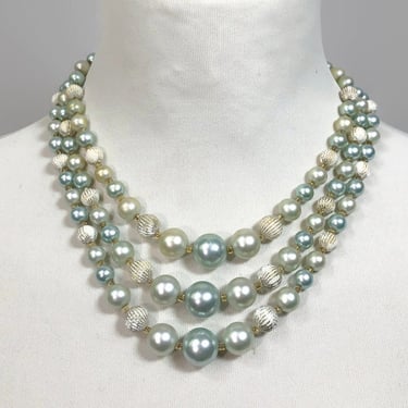 VINTAGE 50s Seafoam Green and Blue Pearlescent Beaded 3 Strand Necklace JAPAN | 1950s Mid Century Jewelry Gumball Necklace | VFG 