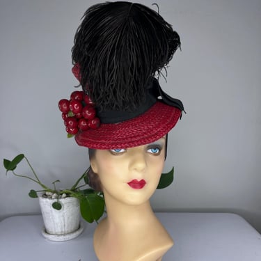 High Society of Philadelphia - Vintage 1940s Red Straw Stove Top Hat w/Cherries Black Plume 