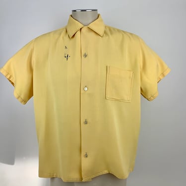1950's Rayon Gabardine - Embroidered Fleur De Lis - Golden Yellow Fabric - Patch pocket - Loop Collar  - Men's Size LARGE 