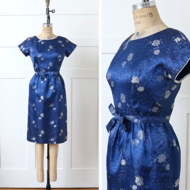 sz 4 vintage 1960s blue brocade dress • NOS deadstock peony floral cocktail dress • Mayfield Mall 'The Mandarin Shop' 