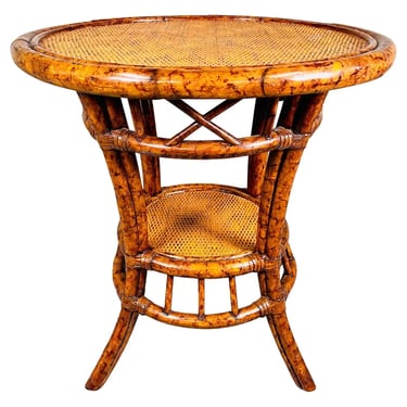 British Colonial Round Bohemian Faux Burnt Bamboo & Grasscloth Occasional Table 