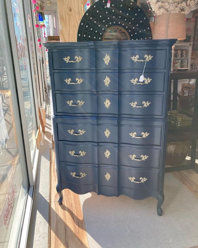 Blue painted French provincial chest of drawers 37 x 21” x 53” Call 202-232-8171 to purchase