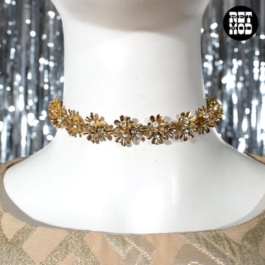 Sweet Vintage 60s 70s Gold Rhinestone Flower Choker Necklace 
