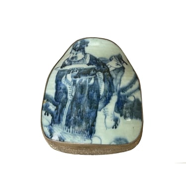 Chinese Old White Base Blue OldMan Graphic Porcelain Art Pewter Box ws3906E 