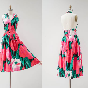 cute cottagecore dress | 80s vintage Susan Bennett black red pink tulip floral 50s style fit and flare cotton halter dress 
