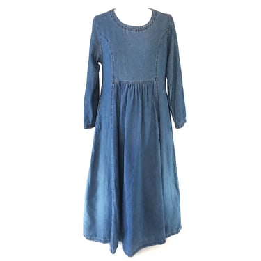Prairie Dress CMC Blue Denim Cotton Maxi Pockets Long Sleeve Modest Women's XS 