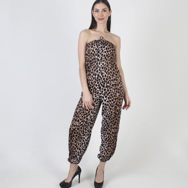 Animal Print Jumpsuit, Strapless Black Playsuit, Vintage Made In USA, Womens Harem Pant Suit 