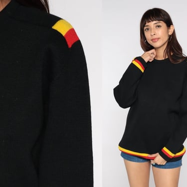 Austrian Wool Sweater 80s Knit Sweater Black Wool Sweater Striped Pullover Jumper Plain Red Yellow Stripes 1980s Vintage Knitwear Mens Large 