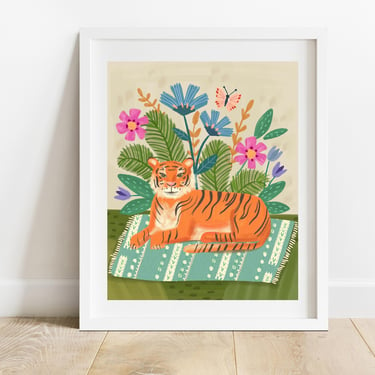 Tiger On Rug With Florals 8 X 10 Art Print/ Jungle Animal Wall Decor/ Whimsical Big Cat Illustration/ Tropical Forest Scene Decor 