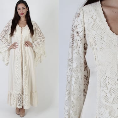 Gunne Sax Cottagecore Wedding Dress / Off White Giant Angel Kimono Sleeve / Bohemian Bridal Corset Maxi Size 13 