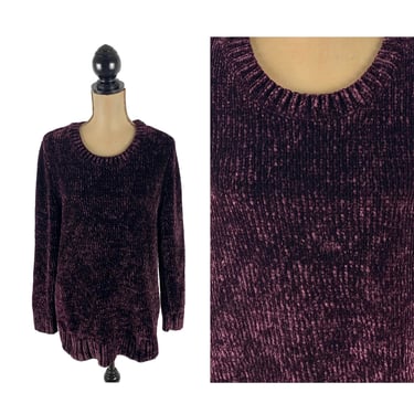 Y2K Purple Chenille Sweater Large - Soft Knit Crewneck Pullover - Casual Warm Fall Winter Knitwear - 2000s Clothes Women Vintage from Orvis 