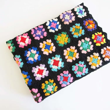Vintage 70s Granny Square Throw Blanket 66x50 - 1970s Multicolor Crochet Afghan Throw - Vintage Black Knit Blanket - Boho Geometric Blanket 