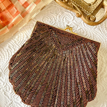 Glam Beaded Clutch, Scallop Shape, Gold Bronze Copper Tones, Cocktail Purse, Lord & Taylor, Optional Crossbody Strap, Vintage 