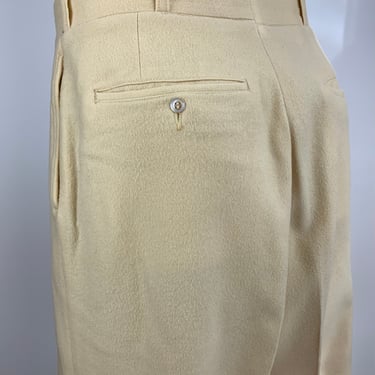 1920's Wool Flannel Trousers - Flat Front Panel - Butter Yellow Wool - Button Fly - Cuffed - Concealed Watch Pocket - 33 Inch Waist 