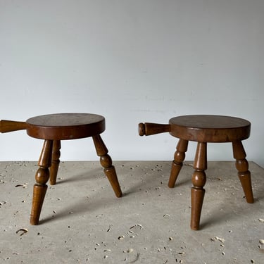60s Vintage Primitive Wood Three Legged Milking Stool or Country Plant Stand - a Pair 