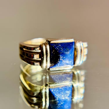 Unusual Antique Larter & Sons Art Deco 14K Gold Lapis Signet Tank Ring Sz 8.25 