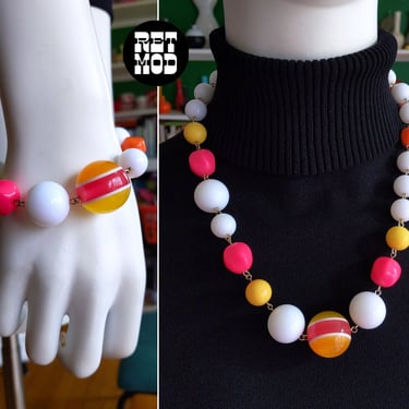 Fun Vintage 80s 90s Colorful Pink Orange Yellow White Lucite Beaded Necklace & Matching Bracelet 