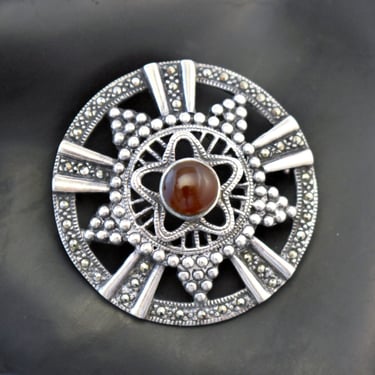 60's sterling carnelian marcasite beaded stars shield brooch, mid-century 925 silver pyrite star on star pin 