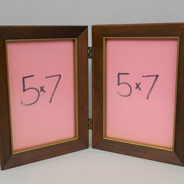 Vintage Wooden Hinged Double Picture Frame - Dark Brown Wood Gold Accent - Tabletop - Holds Two 5
