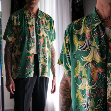 Vintage Avanti Original 50s Style Green Hawaiian Floral Print Silk Loop Collar Shirt | 100% Silk | Y2K Does 1950s Designer Hawaiian Shirt 