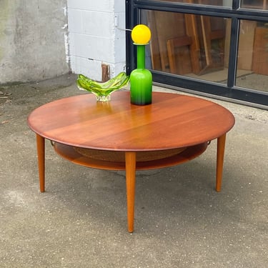Hot Solid Teak Round Coffee Table w/ Cane Shelf by Hvidt