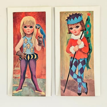 Vintage 1960s Groovy Kitsch Big Eye Kids Harlequin Girls GOJI MCM Wall Art 1965 Litho Prints 