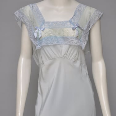 vintage 1930s 40s dusty blue bias cut nightgown dress w/ lace S/M 