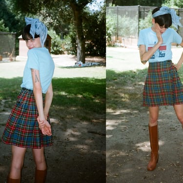 Vintage 1970s 70s High Waisted Tartan Micro Mini Wrap Around Skirt 