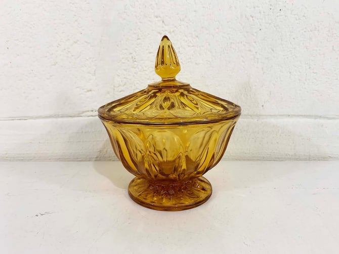 Vintage Amber Yellow Glass Covered Candy Dish Stasher Lidded Box Trinket Holder Vanity Storage 1970s 