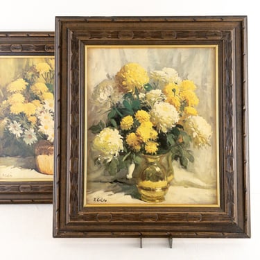Mid Century Framed R. Colao Floral Still Life Print "Bouquet in Brass", 14.5 x 16.5 Inch, Yellow and White Chrysanthemum Flower Art 