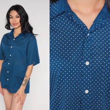 Polka Dot Shirt 80s Navy Blue Button Up Shirt Short Sleeve Collared Top Retro Preppy Casual Print Oxford Vintage 1980s Mens Large 16 1/2 