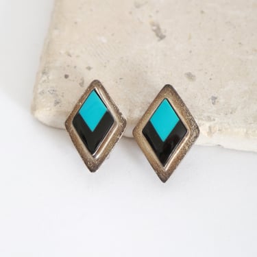 Vintage Sterling Silver Turquoise Onyx Mexican diamond clip on earrings 