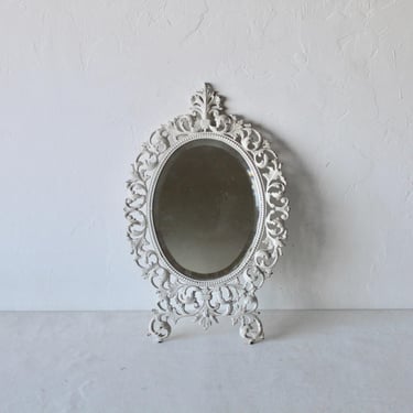 Vintage Mid-Century Baroque Style Ornate Cast Iron Wall Mirror with Beveled Glass Oval Wall Mirror 