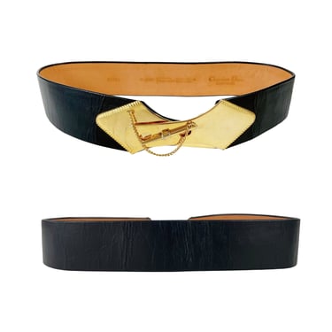 Christian Dior 1980s Vintage Gold-Tone Metal Buckle Black Leather Waist Belt Sz S M 